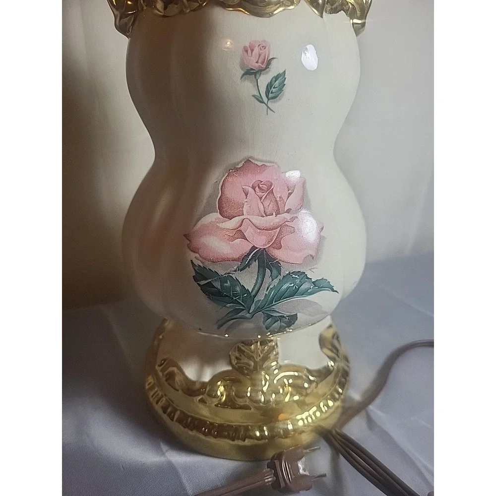 Vintage 23 Inch Ceramic Table Lamp Pink Rose Floral Gold Gilt Urn Style